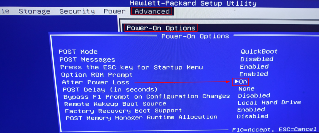 Advanced → Power-On → After Power Loss